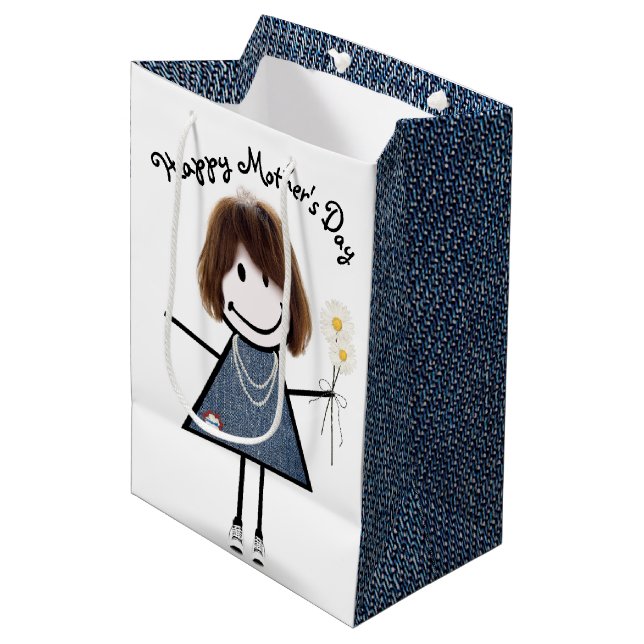 Mother's Day Stick Girl with Daisies   Medium Gift Bag (Front Angled)