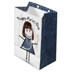Mother's Day Stick Girl with Daisies  Medium Gift Bag