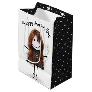 Mother's Day Stick Girl with Daisies  Medium Gift Bag