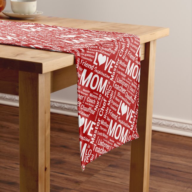 Mothers Day Super Do it All Mom Red and White Medium Table Runner (In Situ)