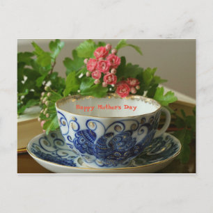 Mother's Day Tea Cup Cobalt Flowers Holiday Postcard
