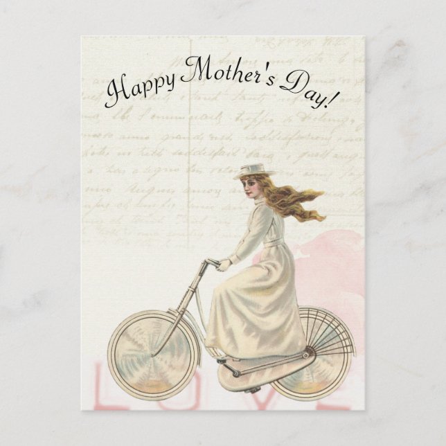 Mother's Day Victorian Woman Riding a Bike Love Postcard (Front)