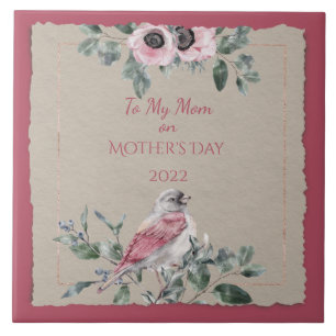 Mother's Day Watercolor Flowers and Bird Tile