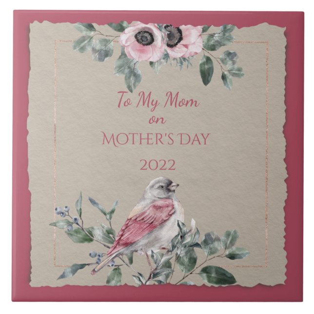 Mother's Day Watercolor Flowers and Bird Tile (Front)