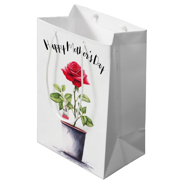 Mother's Day Watercolor Red Rose Bush Medium Gift Bag (Front Angled)