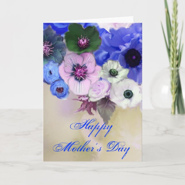 MOTHER'S DAY WHITE BLUE  ROSES AND ANEMONE FLOWERS CARD (Front)