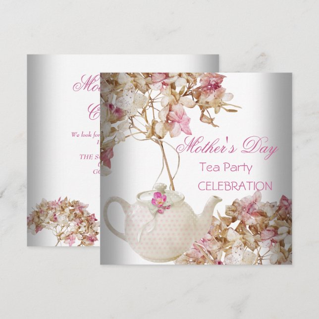 Mother's Day White Pink floral Tea Invitation (Front/Back)