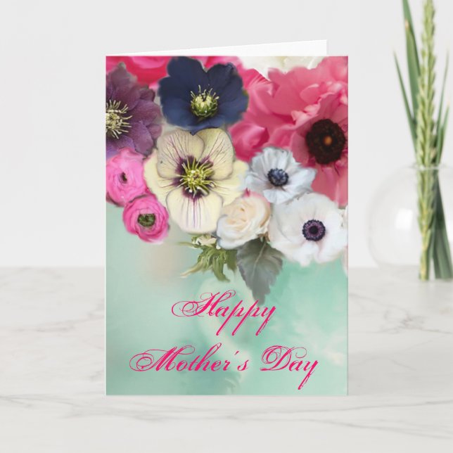 MOTHER'S DAY WHITE PINK ROSES AND ANEMONE FLOWERS CARD (Front)