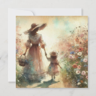 Mother's Day Woman and Child in Field of Flowers Card