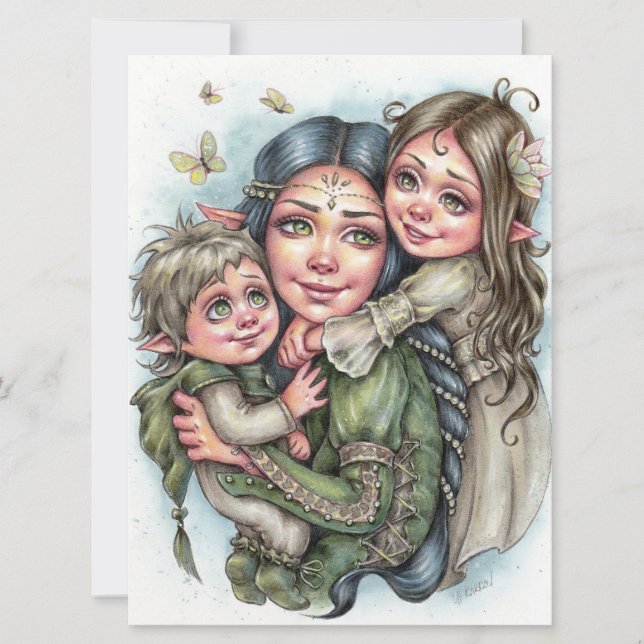 Mother's Love Art Card Fantasy Elf Family (Front)
