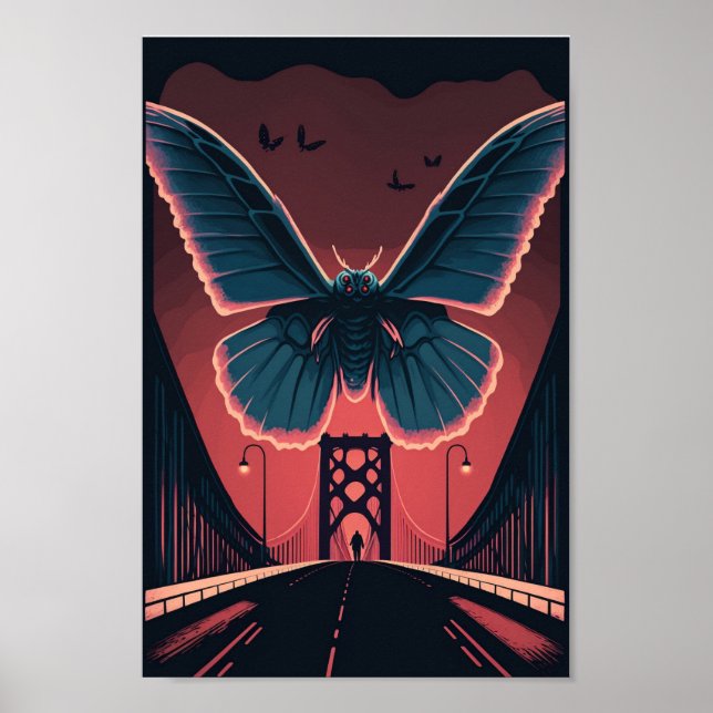 Mothman and Bridge Spooky Woodcut Art Print (Front)