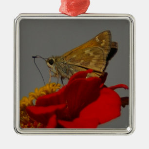 Moths and Red Zinnia Metal Ornament