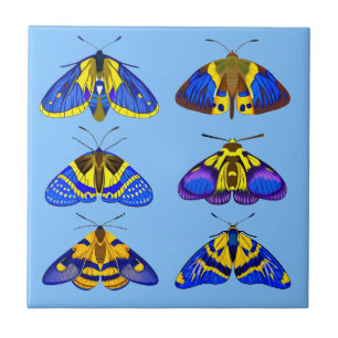 Moths in Blue, Golden Yellow and Brown small Tile