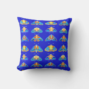 Moths in Dark Blue, Orange and Turquoise Outdoor Pillow