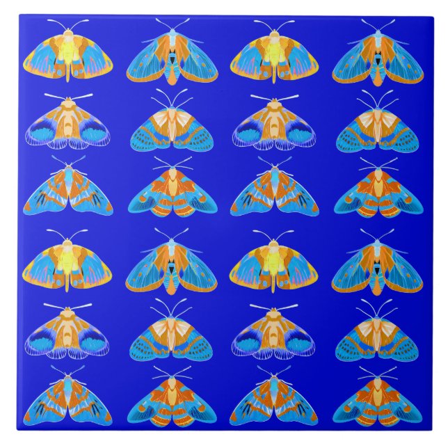 Moths in Dark Blue, Orange and Turquoise  Tile (Front)