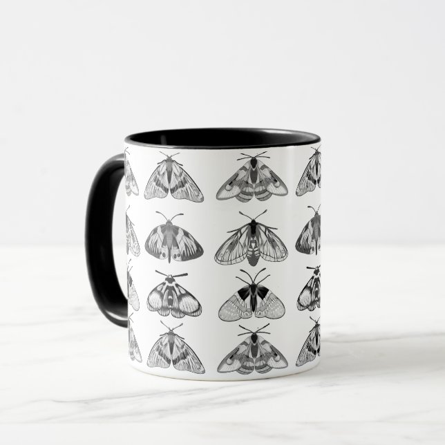 Moths in Grey, Black and White Mug (Front Left)