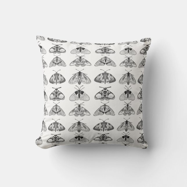 Moths in Grey, Black and White Outdoor Pillow (Front)