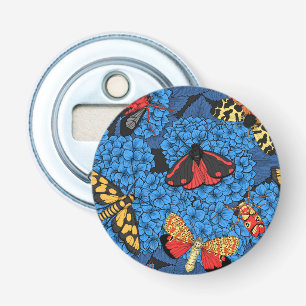 Moths on blue hydrangea bottle opener