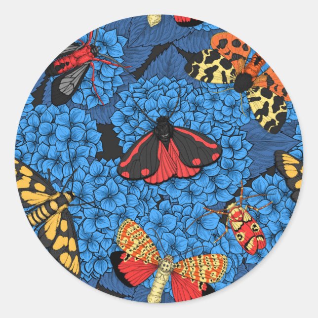 Moths on blue hydrangea classic round sticker (Front)