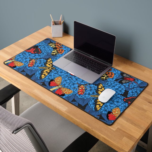 Moths on blue hydrangea desk mat (Office 2)