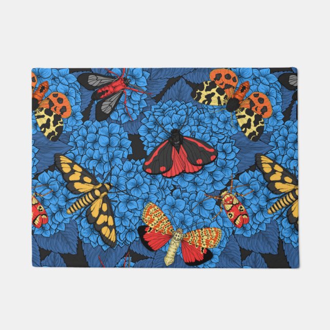 Moths on blue hydrangea doormat (Front)