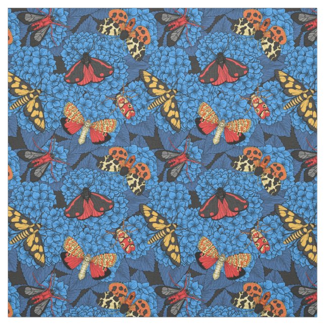 Moths on blue hydrangea fabric (Swatch)