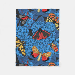 Moths on blue hydrangea fleece blanket