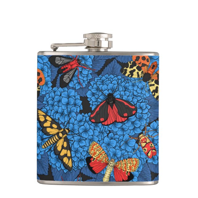Moths on blue hydrangea hip flask (Front)