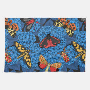 Moths on blue hydrangea kitchen towel