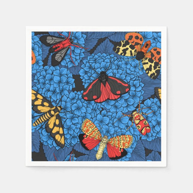 Moths on blue hydrangea napkin (Front)