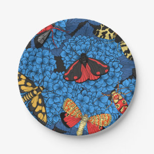 Moths on blue hydrangea paper plate
