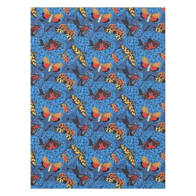 Moths on blue hydrangea tablecloth (Front)
