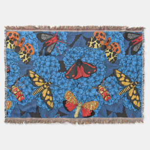 Moths on blue hydrangea throw blanket