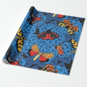Moths on blue hydrangea wrapping paper