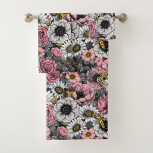 Moths on flower mix in pink and gray bath towel set