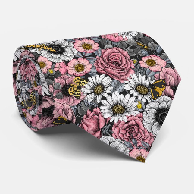Moths on flower mix in pink and gray tie (Rolled)