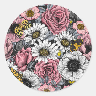 Moths on flower mix in pink and grey classic round sticker