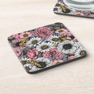 Moths on flower mix in pink and grey coaster