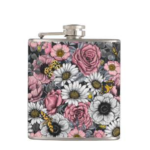 Moths on flower mix in pink and grey hip flask