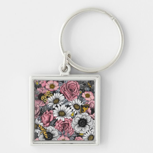 Moths on flower mix in pink and grey keychain (Front)