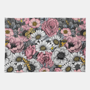 Moths on flower mix in pink and grey kitchen towel