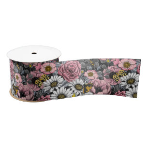 Moths on flower mix in pink and grey satin ribbon