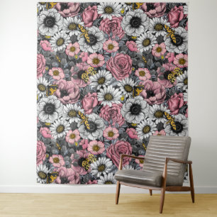 Moths on flower mix in pink and grey tapestry
