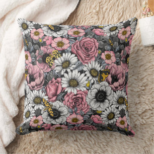 Moths on flower mix in pink and grey throw pillow