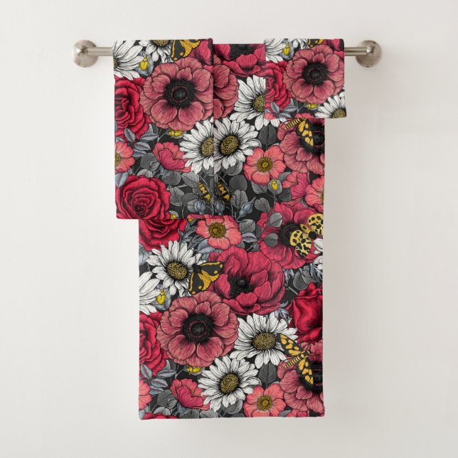 Moths on flower mix in red and gray bath towel set (Insitu)