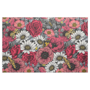 Moths on flower mix in red and grey fabric