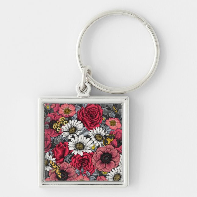 Moths on flower mix in red and grey keychain (Front)