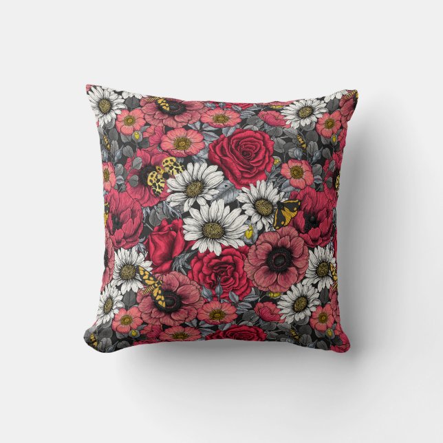 Moths on flower mix in red and grey throw pillow (Front)