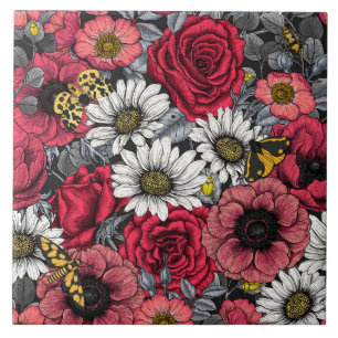 Moths on flower mix in red and grey tile