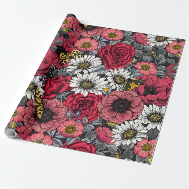Moths on flower mix in red and grey wrapping paper (Unrolled)